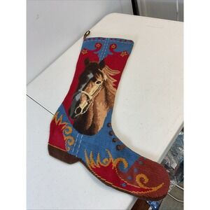 Vintage Wool Needlepoint Christmas Stocking Horse Equestrian Boot Shape